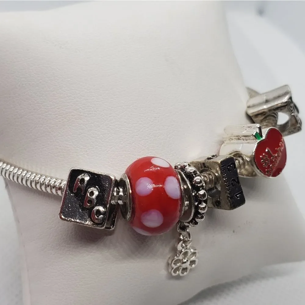 Silver Tone & Red Teacher European Charm Bracelet